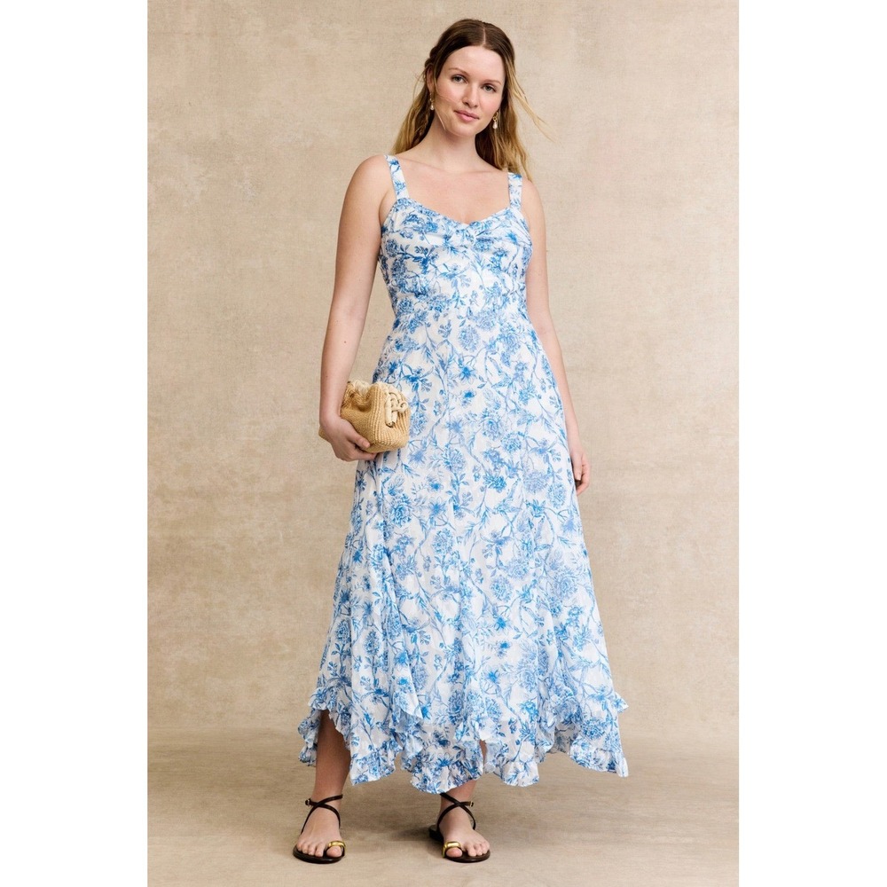 Hutch Blue White Floral Ruffle Hem Midi Dress Smocked Back 2X Toile Summer